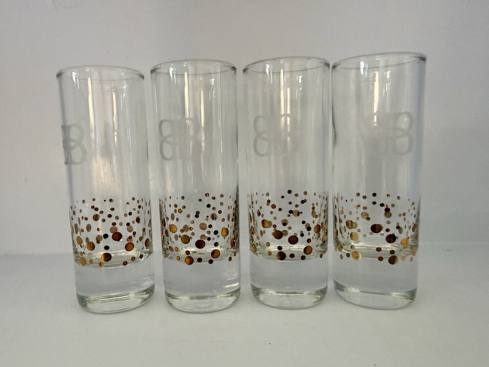 Vtg Set of 4 Baileys Irish Cream Shot Glasses Etched Logo & Gold Confetti Dots